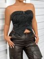 Women's Plus Size Striped Tube Top With Button Detail