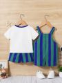SHEIN Unisex Baby Cartoon Short Sleeve T-Shirt, Striped Shorts And Overall Shorts Set