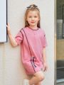 SHEIN Kids SUNSHNE Girls' Loose Fit Round Neck Casual Dress With Contrast Stitching And Letter Print