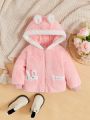 SHEIN Baby Girls' Color Block Hooded Fluffy Jacket With Cute 3d Rabbit Ear Design