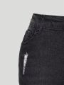 Teenage Girls' Dark Wash Ripped Rolled Hem Elastic Skinny Jeans