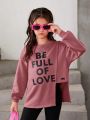SHEIN Tween Girls' Sweet & Cool Knitted Printed Round Neck Pullover Sweatshirt With Long Sleeves
