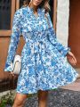 Women's Floral Printed Lantern Sleeve Belted Maxi Dress