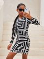 SHEIN Tween Girls' Stylish And Elegant Knitted Geometric Pattern Round Neck Long Sleeve Dress