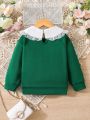 SHEIN Kids FANZEY Girls' Embroidered Collar Detail Green Sweatshirt, Suitable For Elegant Ladies