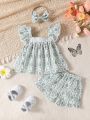 Baby Girls' Simple And Fresh Cute Flower Printed Cool Summer Outfit