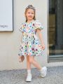 SHEIN Kids QTFun Little Girls' Woven Cute Cartoon Pattern Bubble Sleeve Detachable Bowknot Dress