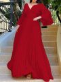 Plus Size Women'S Pleated Flared Sleeves Dress