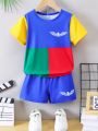SHEIN Kids EVRYDAY Young Boys' Colorblock Eagle Print T-Shirt And Shorts Set