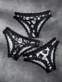 3pack Skull Print Contrast Lace Lace Trim Panty