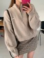 Dazy Star Women's Solid Colored Drop Shoulder Half Zipper Cardigan Sweater
