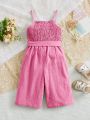 SHEIN Baby Girl Casual Comfortable Sleeveless Jumpsuit With Belted Waist & Placket Front