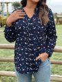 Plus Size Women's Bird Printed Shirt With Notched Collar And Rolled Up Sleeves