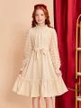 SHEIN Kids FANZEY Big Girls' Elegant Woven Colorblock Patchwork Jacquard Stand Collar One-piece Dress