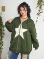 ROMWE PUNK Plus Size Star Pattern Hooded Drawstring Zippered Sweatshirt