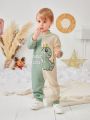 Baby Boys' Letter Dinosaur Pattern Color Block Baseball Collar Jumpsuit For Fall And Winter