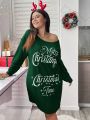 SHEIN Essnce Plus Size Women's Loose Fit Long Sleeve Dress With Slogan Print And Drop Shoulder Design