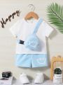 SHEIN Unisex Baby Round Neck Pure Color T-Shirt, Cartoon Pattern Backpack And Shorts 3pcs/Set
