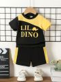 Baby Boy Colorblock Letter Print Top And Shorts Casual Sports Outfit