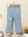 Baby Girls' Light-Colored Casual Denim Jeans With Fringed Edges, Heart-Shaped Rips And Flared Bottoms