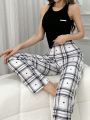 Solid Color Tank Top, Plaid & Heart Printed Pants Sleepwear Set
