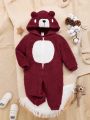 SHEIN Baby Boys' Cute Animal Embroidery Color Block Hooded Romper With Fleece Lining