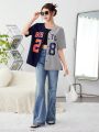 SHEIN Teen Girls' Woven Color Block Letter Print V-Neck Casual Shirt