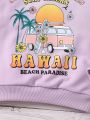 SHEIN Kids SUNSHNE Little Girls' Casual Vacation Style Slogan & Palm Tree Printed Round Neck Long Sleeve Sweatshirt For Autumn