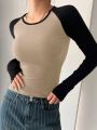 DAZY Fashion Women Spring/Summer Colorblock Round Neck Raglan Sleeve Long Sleeve Slim Fit T-Shirt