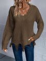 Fleece-lined Vintage Distressed Edges V-neck Pullover Sweater