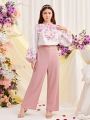 SHEIN Teen Girl's Woven Floral Print Lantern Sleeve Shirt And Faux Pearl Button Decorated Pants Outfits, 2pcs/Set