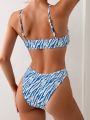 SHEIN Swim Vcay Shirred Two-Piece Spaghetti Straps Bikini Swimsuit, Random Printed Pattern