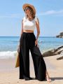 SHEIN VCAY Solid Color Vest And Wide Leg Pants Vacation Women's Two Piece Set