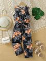 SHEIN Kids EVRYDAY Young Girl Tropical Plant Printed Sleeveless Round Neck Jumpsuit