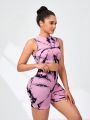 SHEIN Tie-Dye Backless Vest And High Waisted Shorts Set For Women's Sports