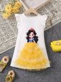SHEIN Kids QTFun Toddler Girls' Princess Style Floral Printed Mesh Patchwork Ruffle Sleeve Dress