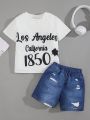 SHEIN Kids HYPEME Toddler Boys' Cute Comfortable English Print Short Sleeve Top With Denim Shorts Set