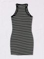 SHEIN Teen Girls' Slim Fit Striped Knit Color-block Sleeveless Dress