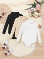 SHEIN Baby Girls' Leisure Comfort Knitted Solid Color Romper 3pcs/set