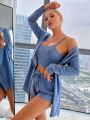 Solid Cami Top and Shorts Lounge Set With Robe