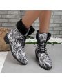 Women's Chunky Block Heel Lace-up Ankle Boots With Random Denim Patchwork Design And Middle Heel Plus Velvet For Winter