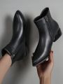 Women's Fashion Pointed-toe Black Short Boots With Side Zipper, Mid-heel Chunky Sole, Non-slip And Comfortable