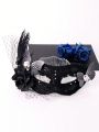1pc Ladies' Black Lace Mask With Butterfly & Black Rose & Poultry Feather & Large Hole Net Yarn & Black Berry For Party, Cosplay And Halloween Decoration