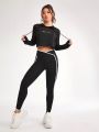Women's Hooded Sweatshirt With Mesh Splicing And Drawstring And Elastic Waist Pants Sports Set