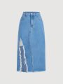 SHEIN Teen Girl Casual Mid Waist Ripped Denim Skirt With Frayed Hem And Slit