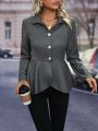 Solid Button Front Peplum Coat
