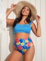 SHEIN Maternity Ruffle Trim Top, Multicolor Printed Beachwear