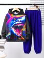 SHEIN Tween Boys' Casual Shark Printed Hoodie And Solid Color Sweatpants Knitted Two Piece Set