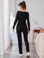 Teen Girl Square Neck Ribbed Knit Unitard Jumpsuit