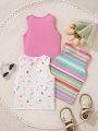 SHEIN Kids SUNSHNE Young Girl'S Casual And Colorful Summer Heart Stripe And Printed Vest 3-Piece Set, Suitable For Travel, Holiday And Can Be Matched With Other Outfits